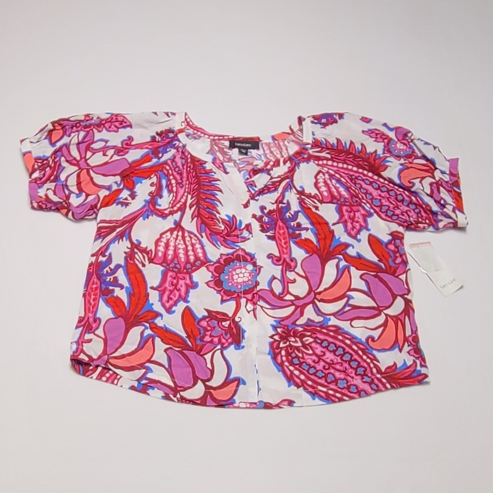 Karen Kane Boardwalk Pink Paisley Floral Peasant Top Blouse XS NEW